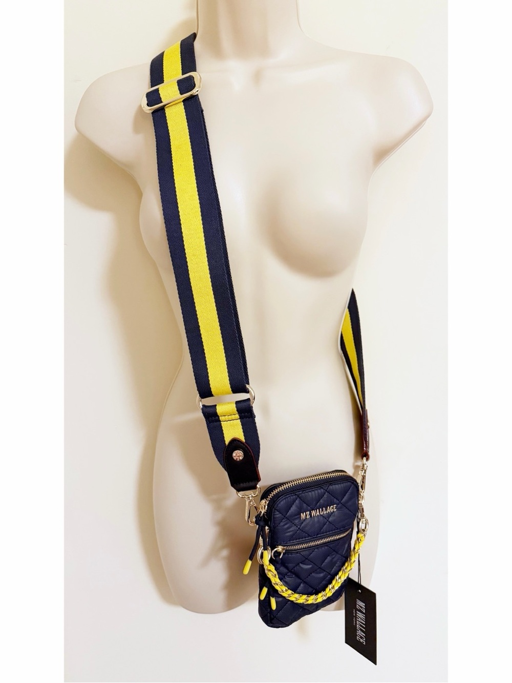 MZ Wallace | Quilted Crossbody w Yellow Striped Strap and Chain Link Charm/Strap